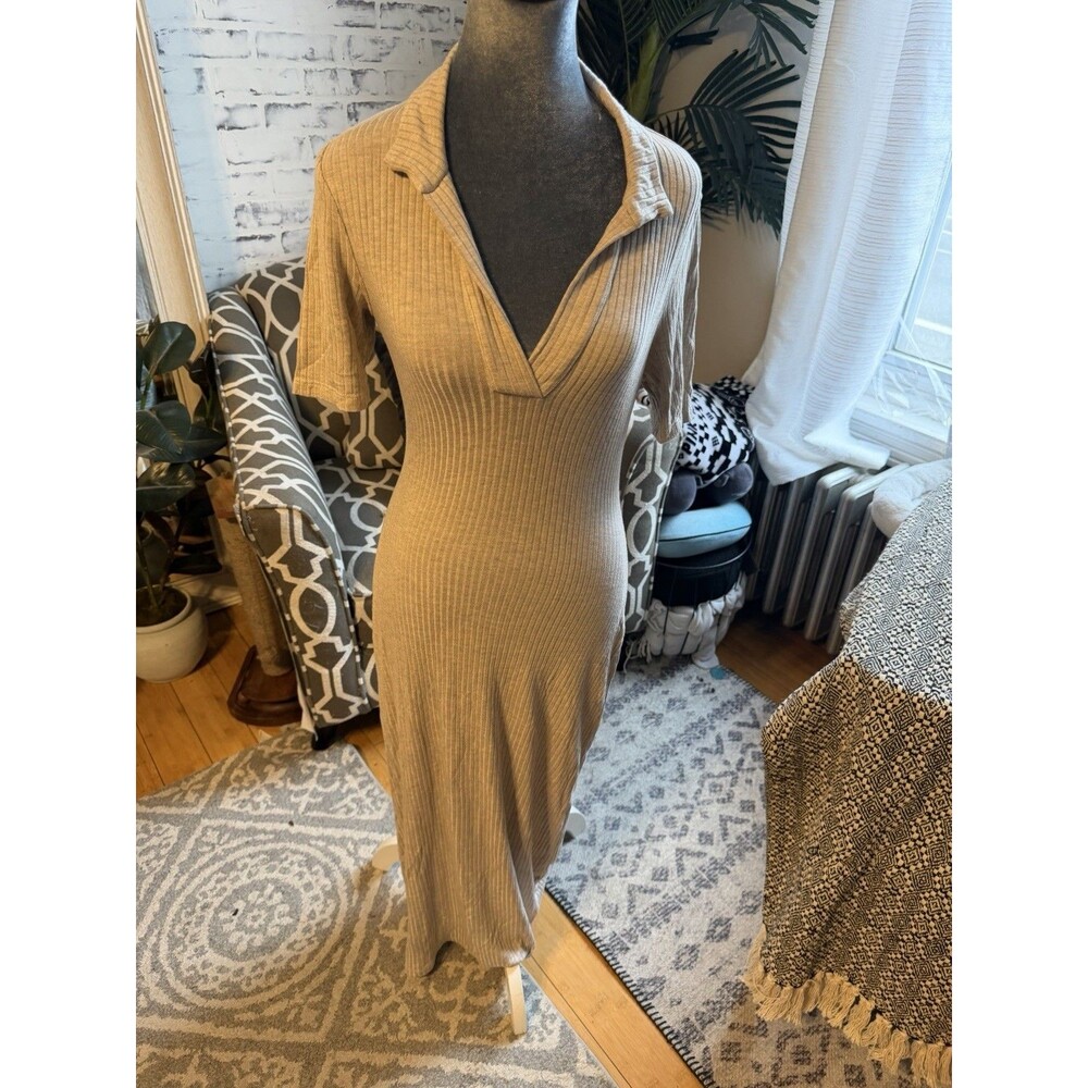 Rare Reformation Rib Knit Maxi Dress V Neck Collar - Tan Size S
